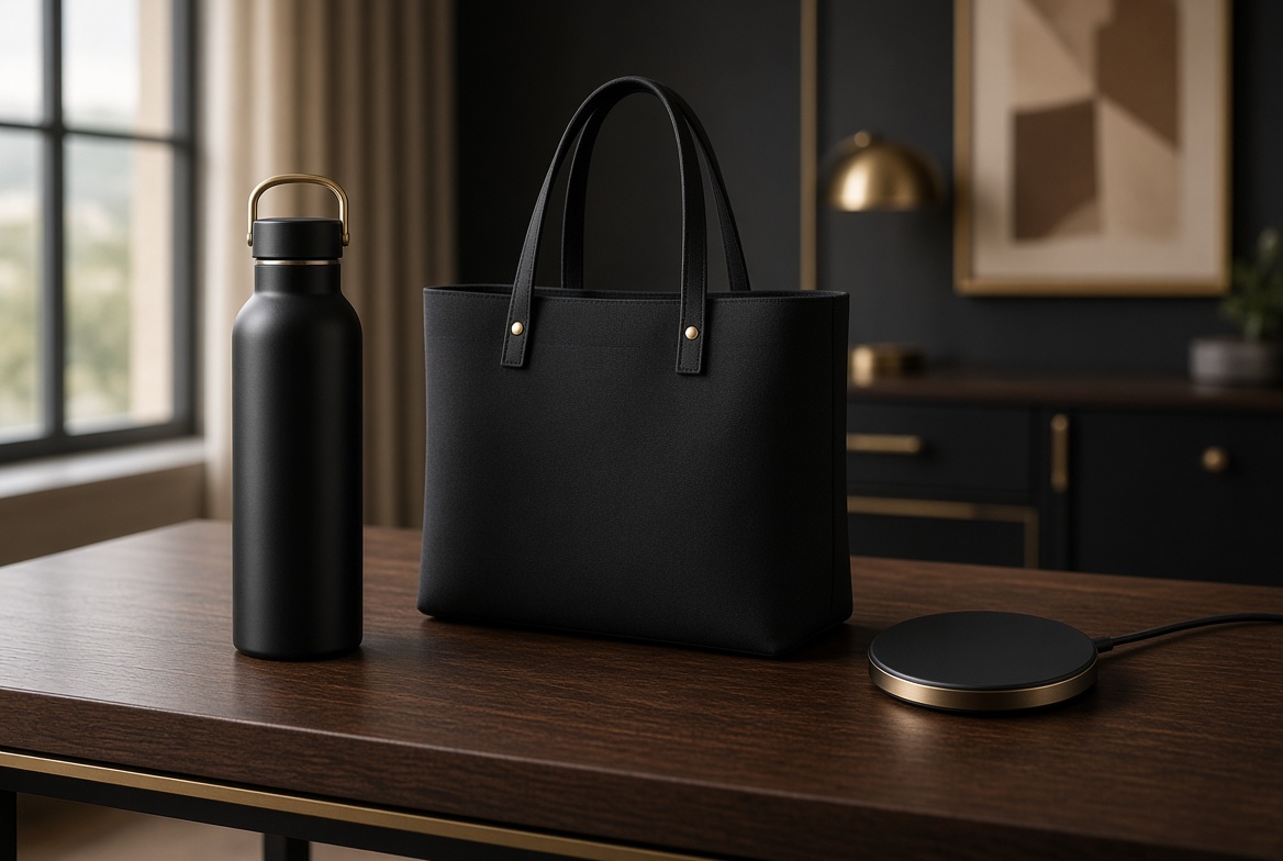 Black bottle, tote, and charger on a wood table