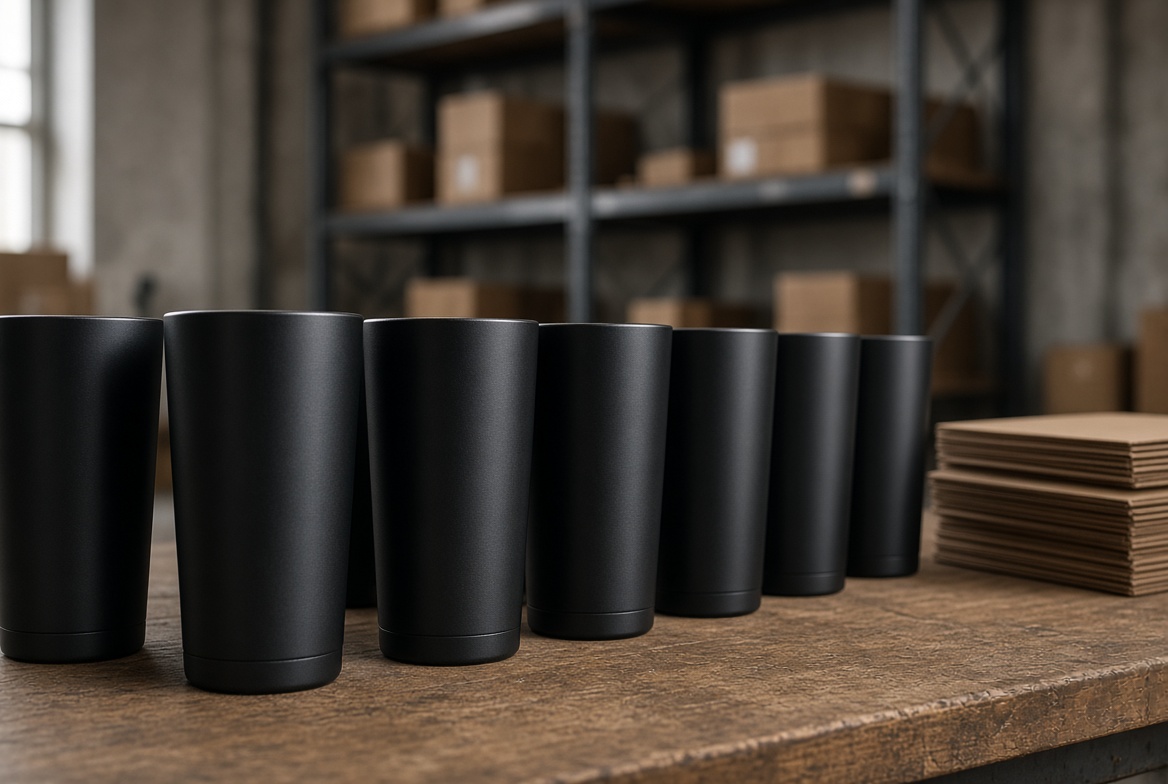 Row of black tumblers waiting for imprint