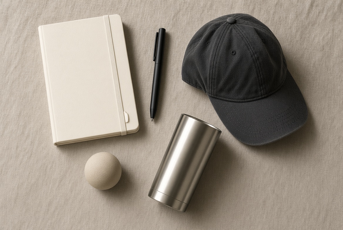 Notebook, cap, tumbler, and pen laid out for a program